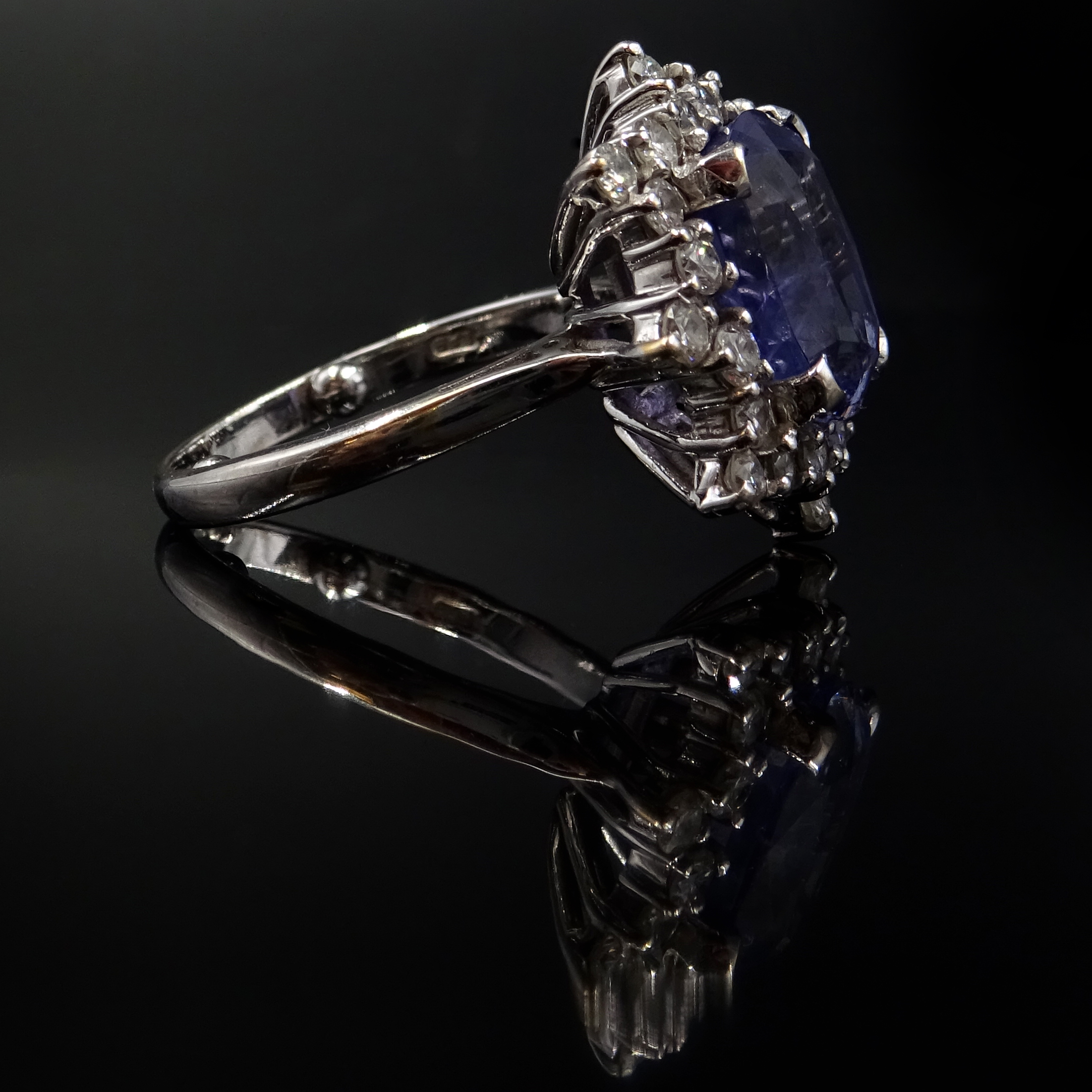 White gold emerald cut purple sapphire and diamond cluster ring, - Image 4 of 7