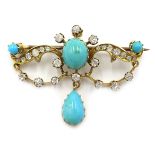 Gold diamond and turquoise brooch, stamped 15ct Condition Report Length = 3.