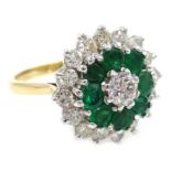 Diamond and emerald gold cluster ring, stamped 18ct, diamonds approx 1.