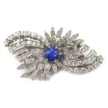 Platinum diamond and Ceylon sapphire brooch, diamonds approx 4 carat,