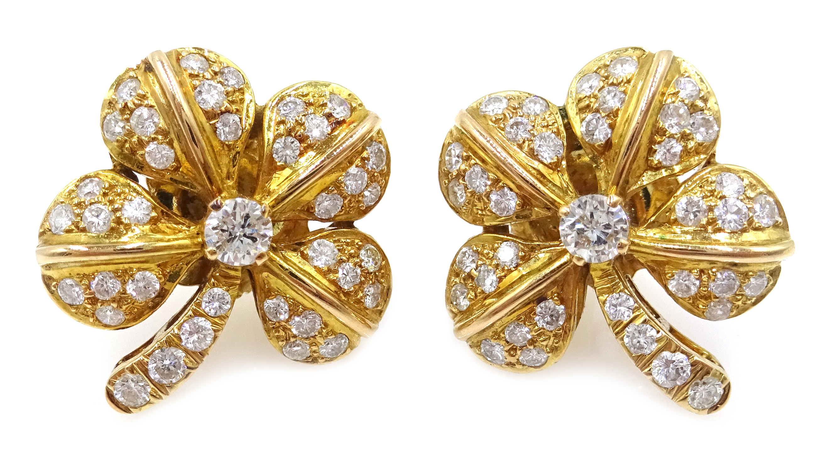 Pair of 18ct gold diamond set clover ear-rings,