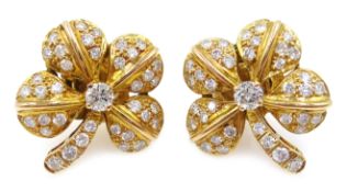 Pair of 18ct gold diamond set clover ear-rings,