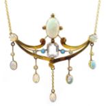 Opal, aquamarine, turquoise and seed pearl gold necklace, the central largest opal approx 2.