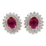 Pair of 18ct gold ruby and diamond cluster stud ear-rings, rubies approx 2.