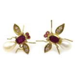 Pair of 9ct gold ruby, pearl and diamond insect ear-rings,