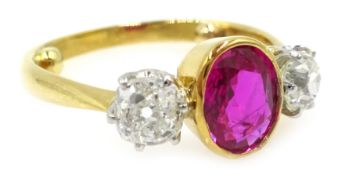Burmese ruby and diamond three stone gold ring, ruby approx 1.