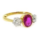 Burmese ruby and diamond three stone gold ring, ruby approx 1.