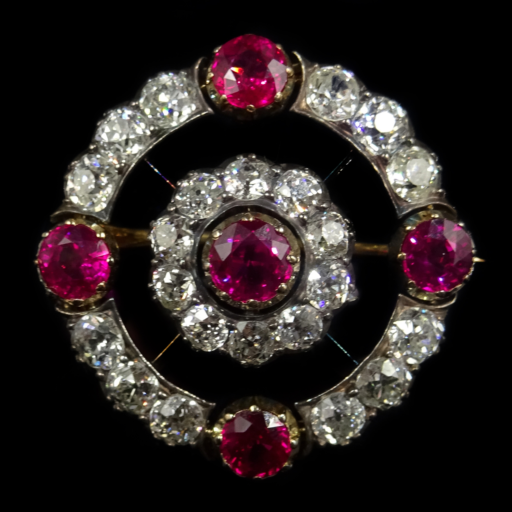 Ruby and diamond circular brooch with cluster centre, rubies approx 3.4 carat, diamonds approx 4. - Image 4 of 4