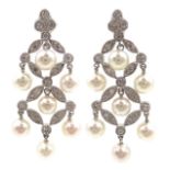 Pair of 18ct diamond and pearl chandelier ear-rings,