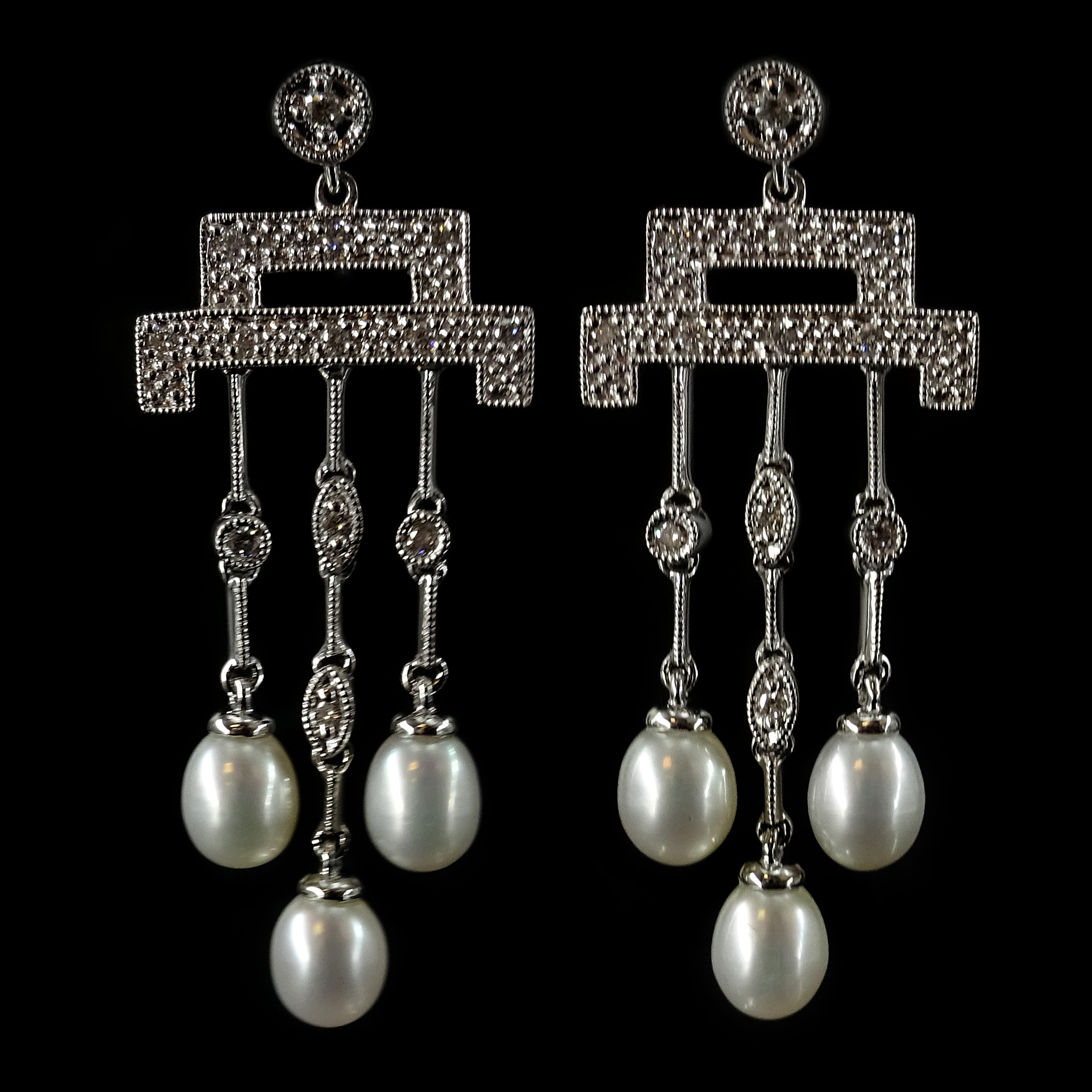 Pair of 18ct white gold Art Deco style pearl and diamond pendant ear-rings, - Image 3 of 3