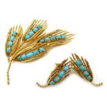 French turquoise set 18ct gold spray brooch, with matching clip on ear-rings,