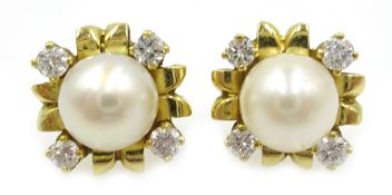 Pair of gold pearl and diamond stud ear-rings,