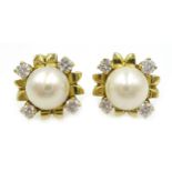 Pair of gold pearl and diamond stud ear-rings,