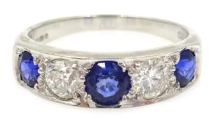 White gold sapphire and diamond five stone ring, hallmarked 18ct, sapphires approx 1.