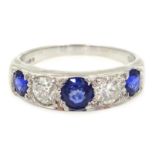 White gold sapphire and diamond five stone ring, hallmarked 18ct, sapphires approx 1.