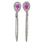 Pair of 18ct white gold pink sapphire and diamond cluster hoop ear-rings, hallmarked,