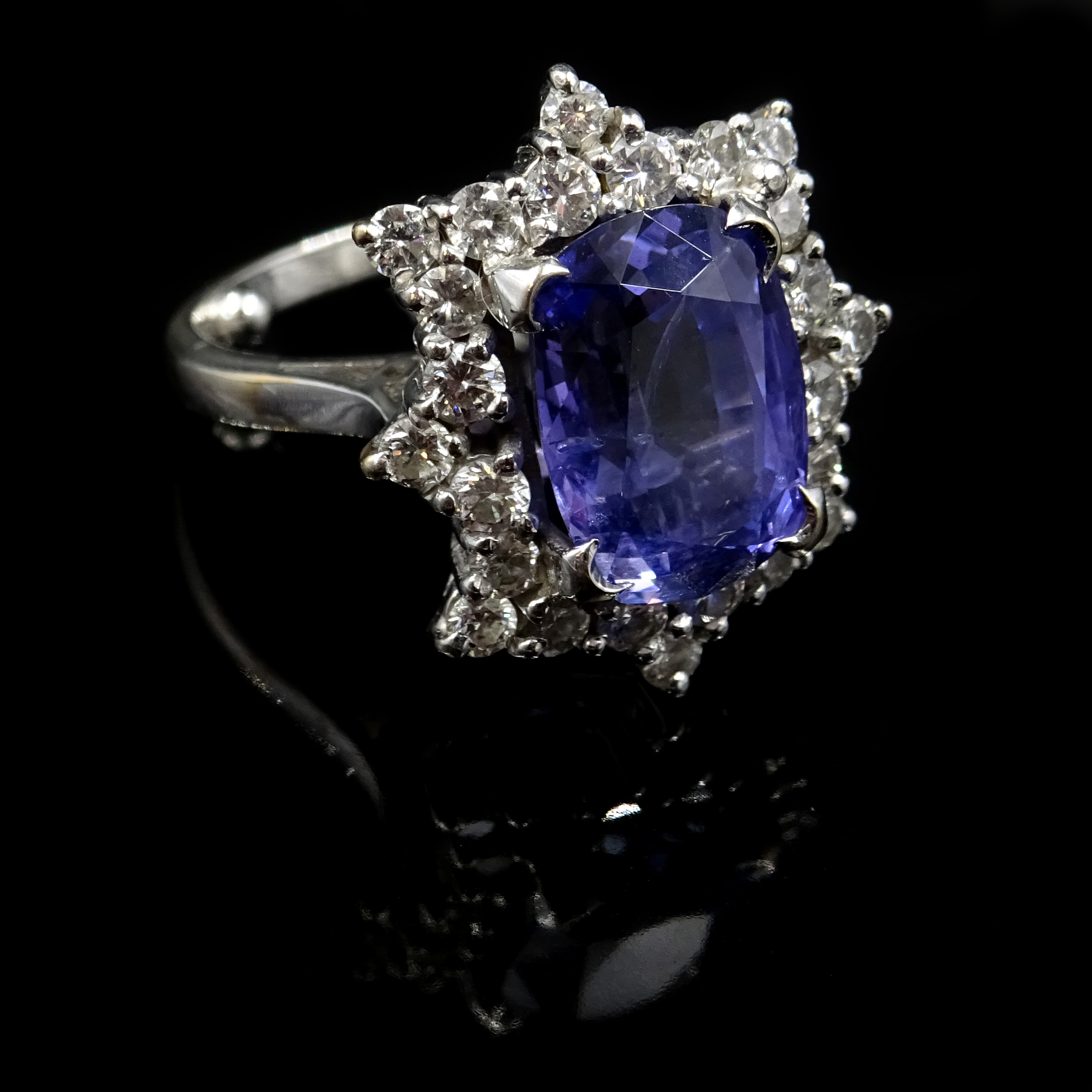 White gold emerald cut purple sapphire and diamond cluster ring, - Image 7 of 7