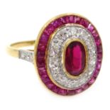 Art Deco style gold ruby and diamond oval ring, with diamond shoulders,