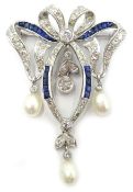 Diamond, sapphire and pearl white gold bow brooch,