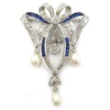 Diamond, sapphire and pearl white gold bow brooch,