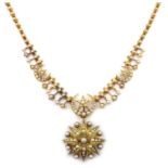 Victorian gold split pearl star and crescent pendant necklace,