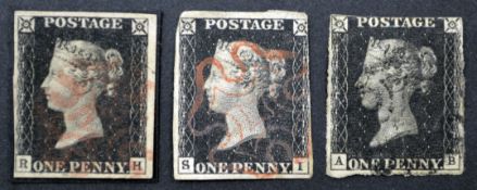 Three Queen Victoria 1d black stamps, two with red MX,