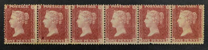 Queen Victoria mint strip of six perf 1d red stamps Condition Report <a