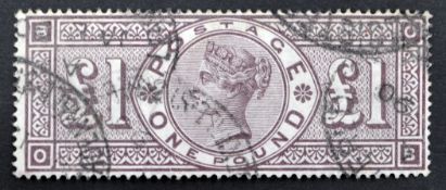 Queen Victoria one pound brown-lilac stamp, with various postmarks,