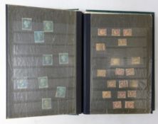 Old small stockbook containing 1d red imperfs, 2d blue imperfs with white lines added, id stars,