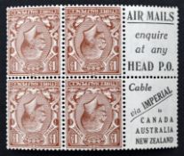 King George V, 1924 three halfpence mint stamp block of four, with inverted advert margin error,