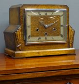 Art Deco period oak cased mantel clock, twin train movement chiming on rods,