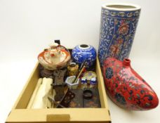 Chinese Kutani bowl and vase, oriental stick stand, pair Japanese lacquer glove boxes, Imari plate,
