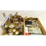 Four piece Viners silver-plate tea set, two three branch silver-plated candelabra, various flatware,