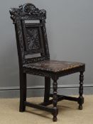 19th century oak hall chair, heavily carved, turned supports, 'C.