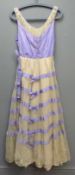 1940's floor length nude netted dress with purple taffeta panelling and ruched upper with bow