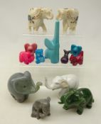 Group of elephant models including Lladro, carved Jade, Langham Glass,