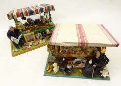 Pair handcrafted Pedlar style displays depicting a couple seated beside their Antique's stalls with
