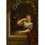 Girl with Fruit and Hanging Game, 19th century continental oil on tin plate unsigned 18.