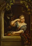 Girl with Fruit and Hanging Game, 19th century continental oil on tin plate unsigned 18.