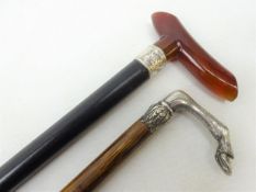 Late Victorian ebonised waling stick with cherry amber style handle and silver collar, Chester,