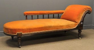Victorian walnut framed chaise longue, upholstered in an rust velvet,