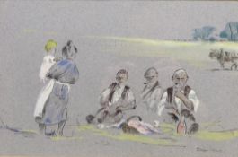 The Picnic, pen and watercolour signed by Brian Irving (British, 1931-2012) 16.5cm x 25.
