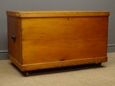 19th century camphor wood blanket box, hinged lid, two carrying handles, on castors, W99cm, H63cm,
