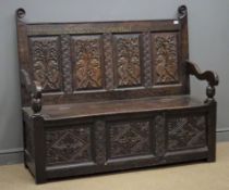 19th century oak bench, floral and mythical creatures carved back panels, hinged seat,