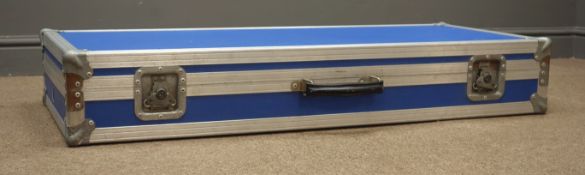 Blue flight case, hinged lid and clasps, W111cm, H18cm,