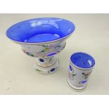 Bohemian blue glass pedestal bowl with opague glass overlay and faceted body,