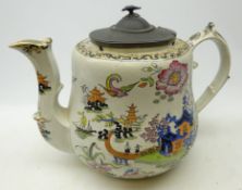 Large 19th century Ironstone shop display teapot, pewter lid with bird finial,