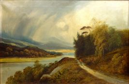 Figure Walking Down a Country Path alongside a River, 19th century oil on canvas signed F.