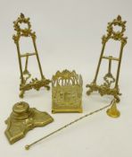 Pair brass table top picture easels, H25cm, Art Nouveau pierced brass stand,