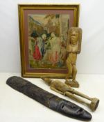 Two Tribal art carved figures and a carved tribal elongated mask,